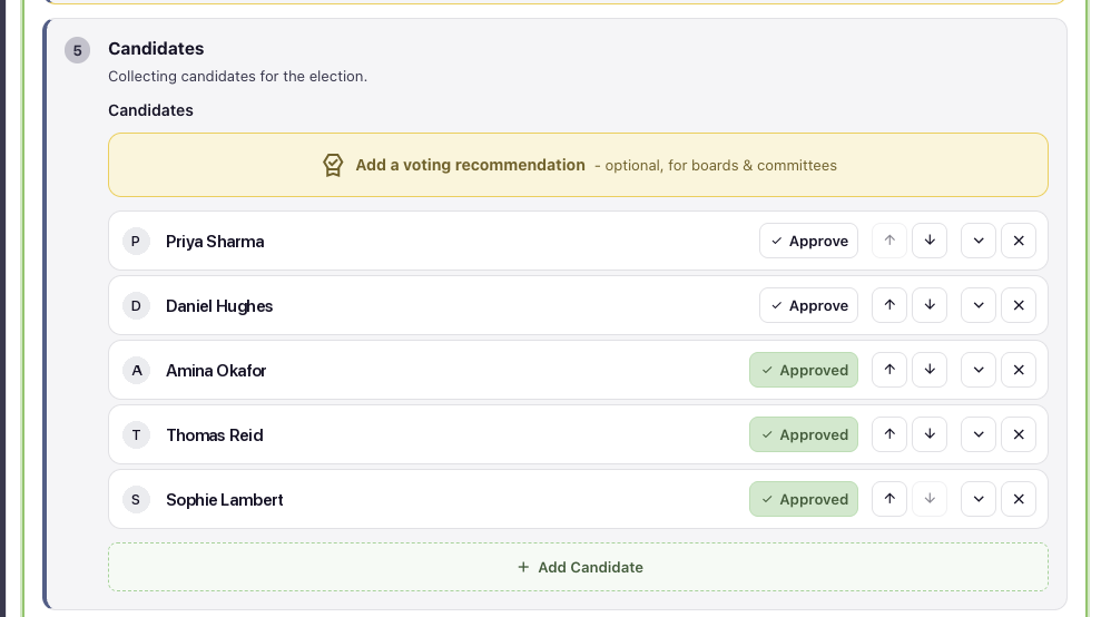 The Hub's candidates list: five nominees with Approve buttons, reorder arrows and an Add Candidate button