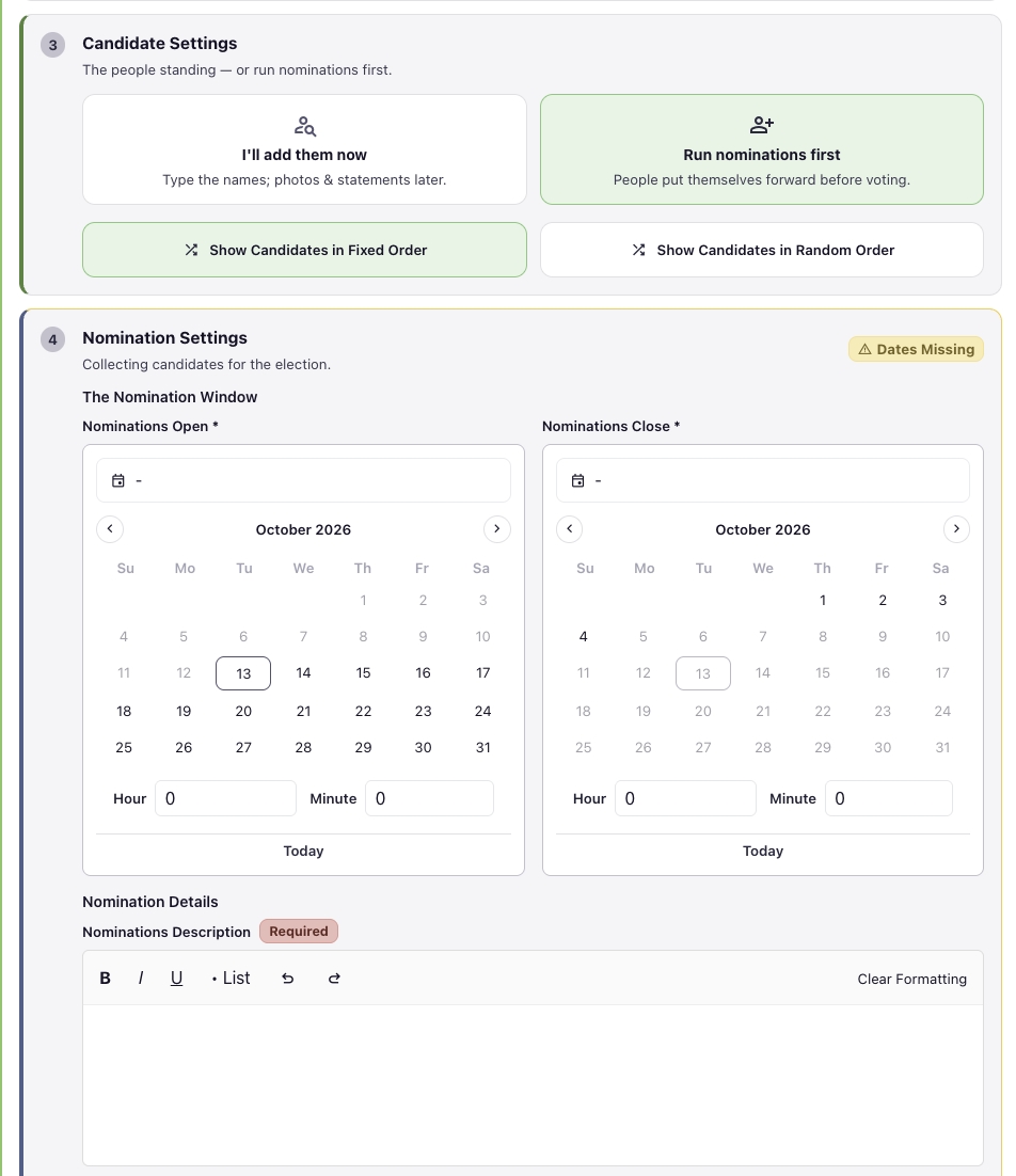 The Hub's nomination settings: run nominations first, set the nomination window with date pickers, and write the nominations description